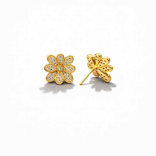 18K Gold Plated Daisy CZ Six-Petal Flower Stud Earrings