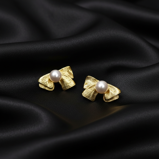 18K Gold Plated Gold Textured Ribbon Bow Pearl Stud Earrings for Women & Girls
