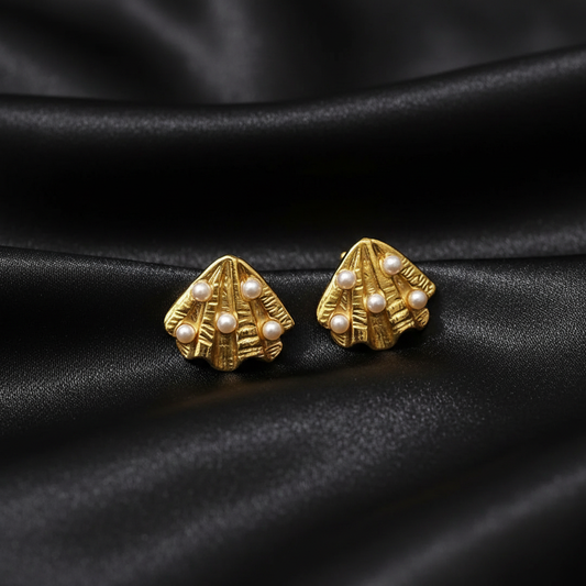 18K Gold Plated Gold Textured Seashell Pearl Stud Earrings