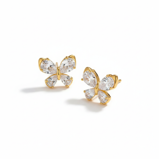 18K Gold Plated Crystal Butterfly Pear-Cut CZ Stud Earrings