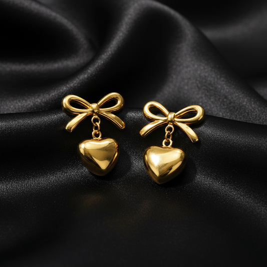 18K Gold Plated Gold Ribbon Bow Heart Drop Dangle Earrings