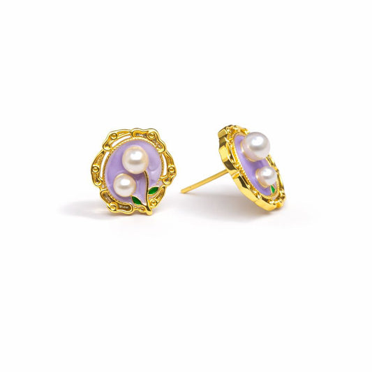 18K Gold Plated Lavender Enamel Dual Pearl Stud Earrings
