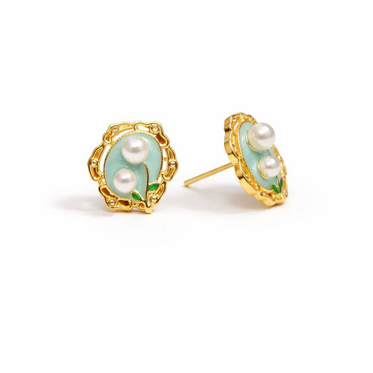 18K Gold Plated Mint Green Enamel Dual Pearl Bamboo Frame Stud Earrings