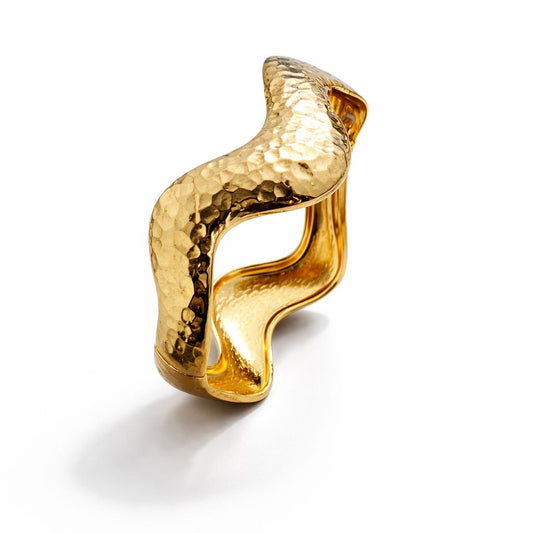 18K Gold Plated Hammered Finish Wavy Sculptural Bangle Bracelet for Women
