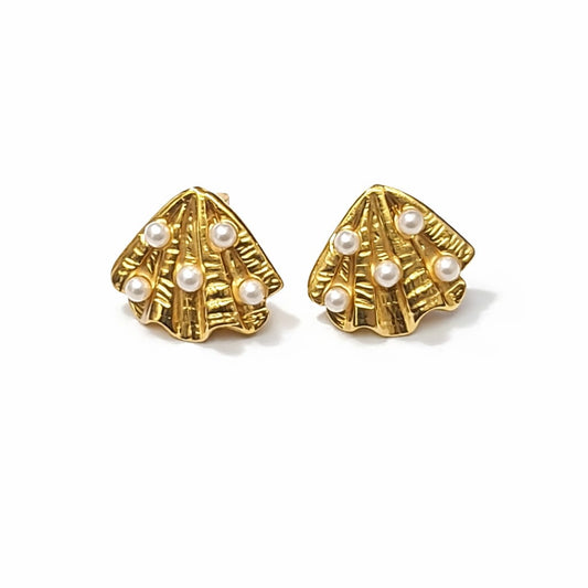 18K Gold Plated Gold Textured Seashell Pearl Stud Earrings
