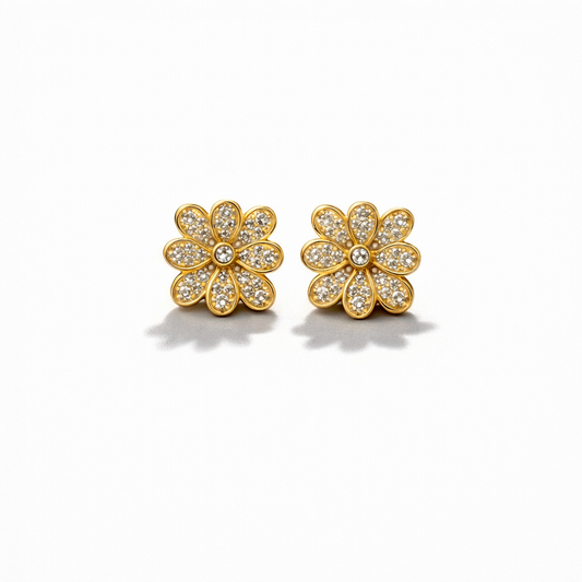 18K Gold Plated  Daisy CZ Six-Petal Flower Stud Earrings