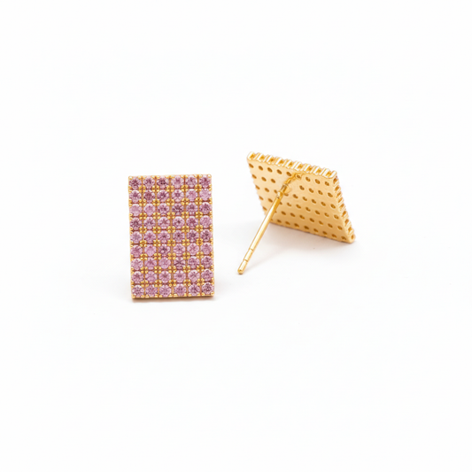 18K Gold Plated  Pink CZ Rectangle Pave Stud Earrings