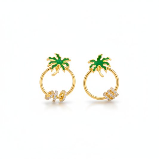 Green Enamel Palm Tree Circle CZ Earrings 18K Gold Plated