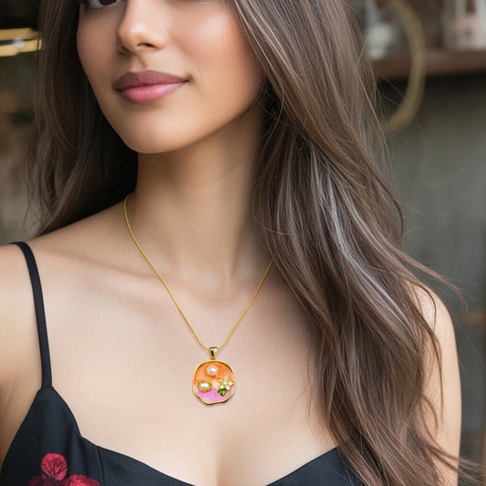 Blossom Pearl Enamel Pendant Necklace | 18K Gold Plated | Anti-Tarnish | Peach Pink Enamel with Pearl & Flower Charm