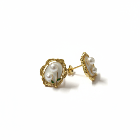 18K Gold Plated Lily of the Valley Dual Pearl Stud Earrings