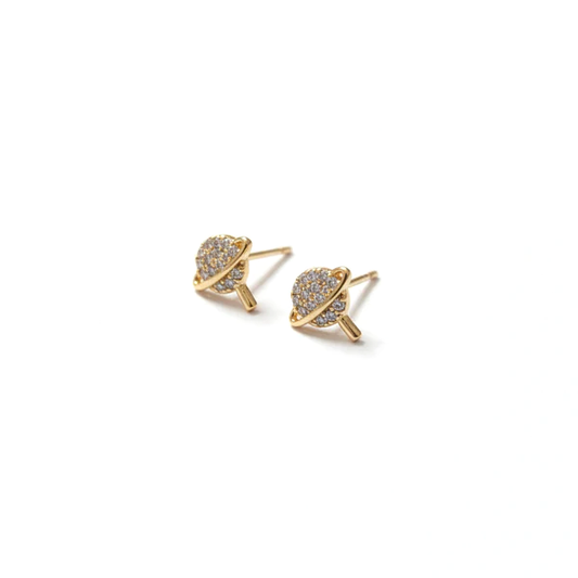 Saturn Planet CZ Stud Earrings 18K Gold Plated For Women