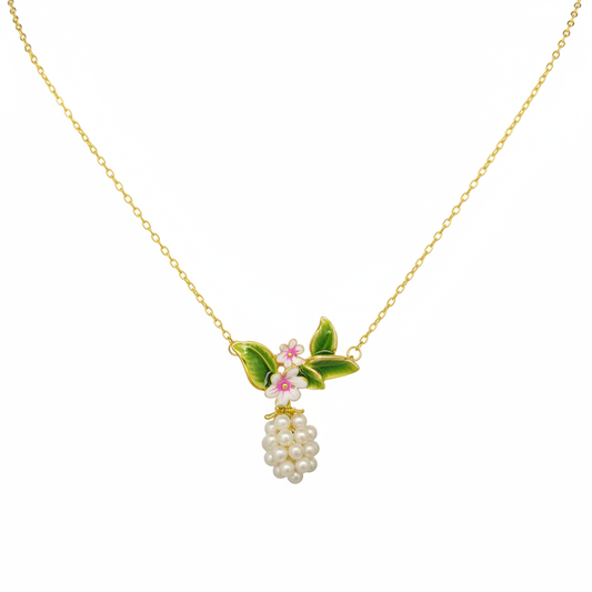Gold Enamel Floral Leaf Pearl Cluster Pendant Necklace | Botanical | Women 2026
