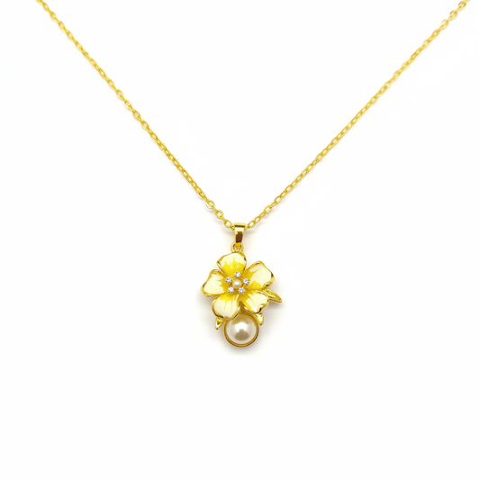 18K Gold Plated Yellow Enamel Flower Pearl CZ Pendant Necklace