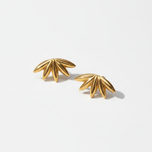 Fan Leaf Petal Stud Earrings 18K Gold Plated Boho Nature Inspired