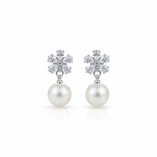 Silver CZ Floral Pearl Drop Earrings - Wedding, Party & Bridal Jewelry