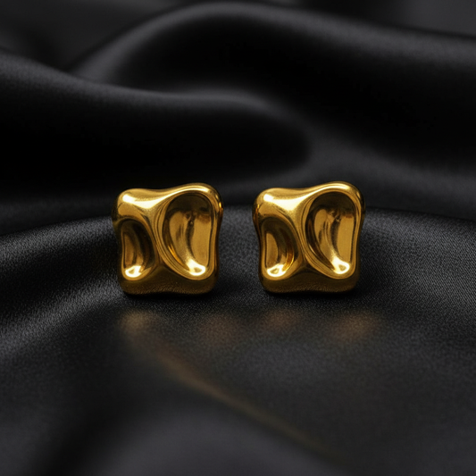 18K Gold Plated Gold Wavy Square Abstract Stud Earrings for Women & Girls