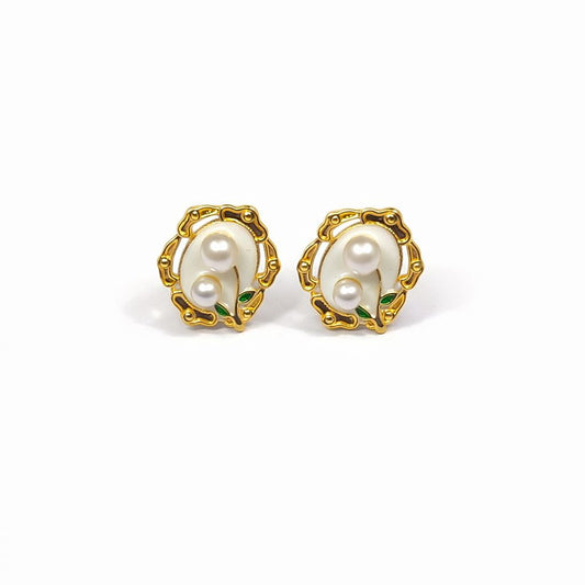 18K Gold Plated Lily of the Valley Dual Pearl Stud Earrings