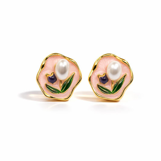 18K Gold Plated Pink Enamel Tulip Pearl Stud Earrings