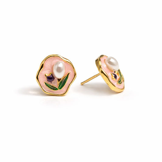 18K Gold Plated Pink Enamel Tulip Pearl Stud Earrings
