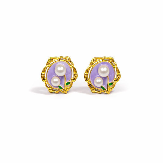 18K Gold Plated Lavender Enamel Dual Pearl Stud Earrings