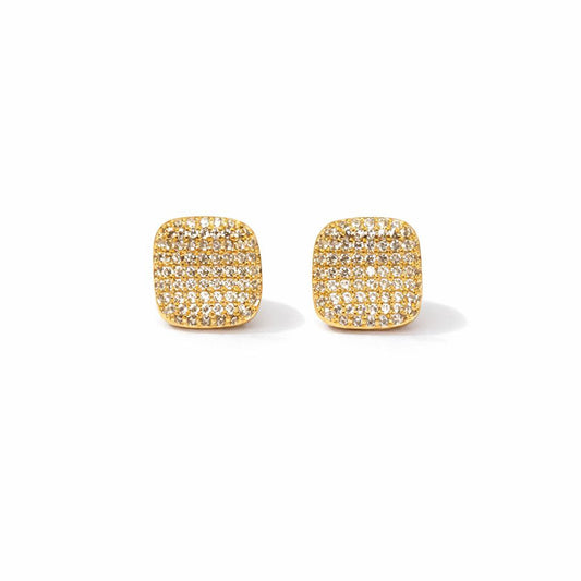 Cushion Square Full Pave CZ Stud Earrings 18K Gold Plated