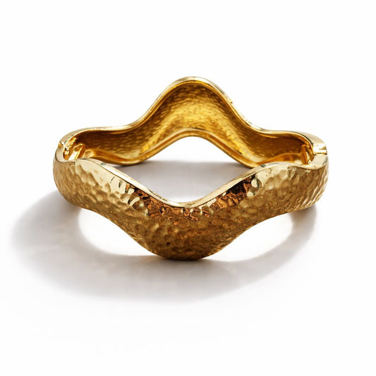 18K Gold Plated Hammered Finish Wavy Sculptural Bangle Bracelet for Women